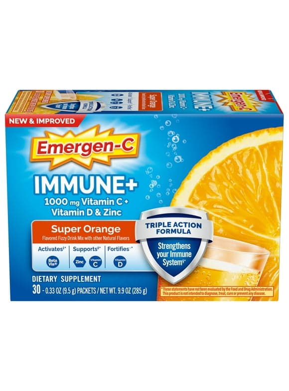 Emergen-C Immune+ Triple Action Immune Support Powder, Betavia (R), 1000Mg Vitamin C, B Vitamins, Vitamin D and Antioxidants, Super Orange â€“ 30 Count