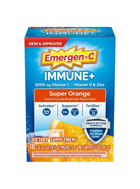 Emergen-C Immune+ Triple Action Immune Support Powder, Betavia (R), 1000Mg Vitamin C, B Vitamins, Vitamin D and Antioxidants, Super Orange â€“ 10 Count